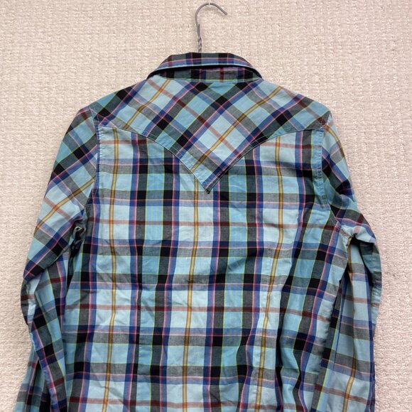 Wrangler Shirt Womens S Blue Plaid Retro Western Pearl Snap Long Sleeve Boho - Picture 12 of 13